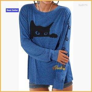 Loose Fit Long Sleeve Graphic Cat T-Shirt, Lightweight Cotton Blend Blouse